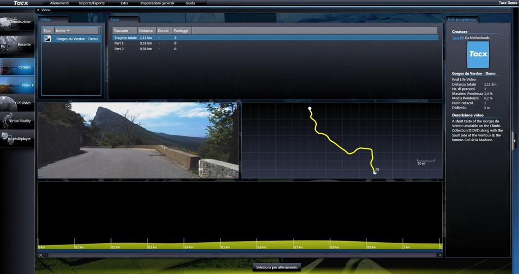 Video I filmati si suddividono nelle seguenti categorie: ciclismo classico, tappe di montagne, allenamento con i professionisti, cicloturismo e percorsi cittadini. Se si apre la pagina www.tacxvr.