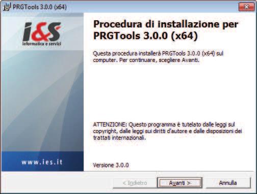 4 PRGTools 1.1.1 Installazione Questa procedura consente l'installazione del Software. 1. Avviare la procedura eseguendo il file Setup.