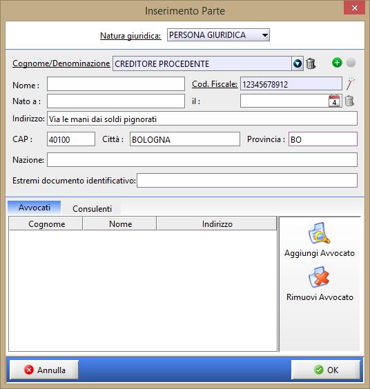 Inserimento PARTI E AVVOCATI 1) Cliccare sul tasto Inserisci Parte/Avv ed inserire TUTTI i dati del Creditore procedente: