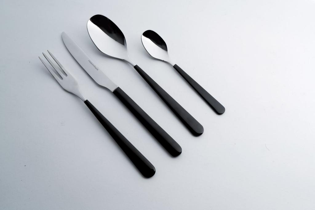 FOO Design Davide Oldani D Manico realizzato in pvd nero lucido Ottocento Archivio storico Nuova finitura ICE Black handle Finishing Cucchiaio Tavola Table Spoon 008CM001, Forchetta Tavola Table Fork