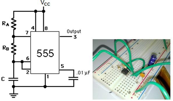 555AstableMultivibtr -- Procedures Step 1 DUT / PREDISPOSIZIONE DEL CIRCUITO Costruire il circuito come indicato sotto: Selezionare Vcc = 7,5V, RA = 15K, RB= 15K, C = 10nF Attivare l'alimentazione CC