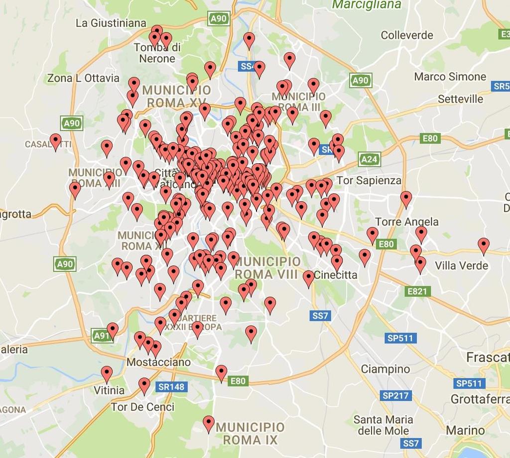 Distribuzione delle librerie a Roma: 2007-2017 Valori in numero di punti