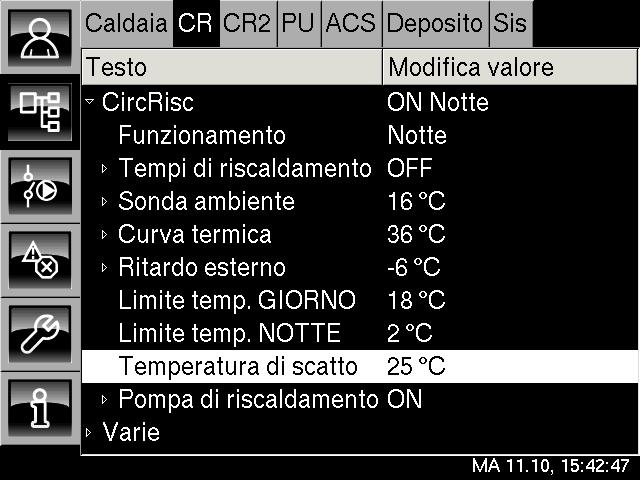 Impostazione Temperatura di scatto Circuito di riscaldamento Circuito di riscaldamento Impostazione del parametro "Temperatura di scatto" La pompa circuito di riscaldamento si avvia solo quando la