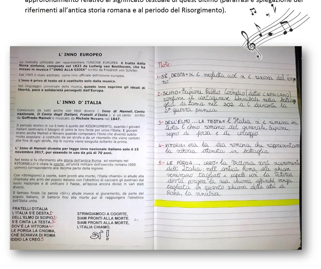Inno europeo e nazionale Al repertorio di canzoni moderne si è aggiunto lo studio di due inni: quello europeo, Inno alla gioia di Ludwig van Beethoven; quello nazionale, Il canto degli italiani di