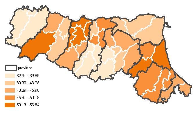 (>=35 anni) con diabete in trattamento VARIABILITA INTERDISTRETTUALE, ANNO 2012 RER: 44,5 Agenzia sanitaria