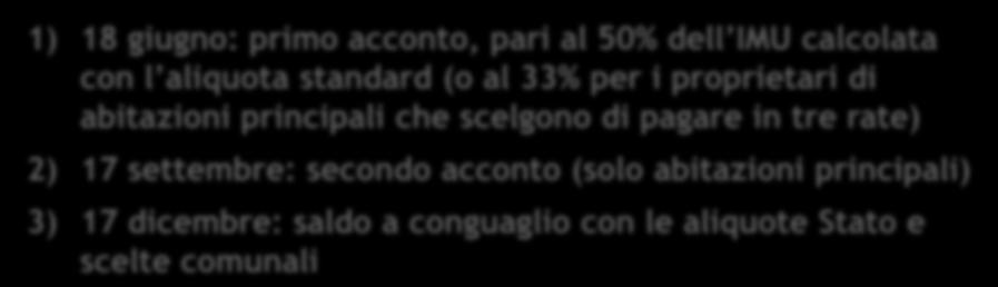 LE MODALITA DI PAGAMENTO DELL IMU: Nel 2012 si potrà pagare l imposta in due o tre rate, con il seguente calendario: 1) 18 giugno: primo acconto, pari al 50% dell IMU calcolata con l aliquota