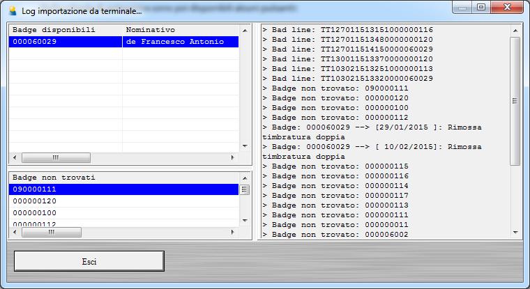 In questa scheda sono riportati gli eventuali badge non trovati e gli errori di importazione.