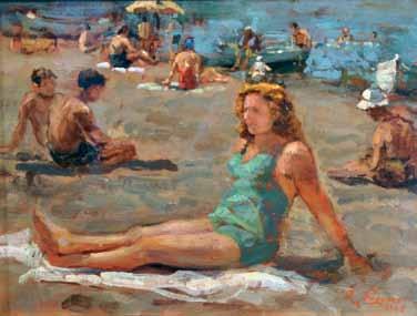 500 12 18 18 Passaro Renato (Napoli 1910-1970) Spiaggia olio su tavola,