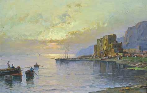Corsi Nicolas (Odessa-Ucraina 1882 - Napoli 1956) Marina con barche olio su tavola,