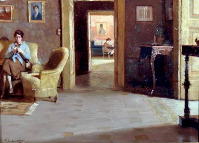 57 Galante Francesco (Margherita di Savoia, FG 1884 - Napoli 1972) Interno olio su tavola, cm 30x39,5 firmato in basso a