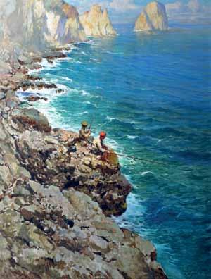 60 Giordano Felice (Napoli 1880 - Capri 1964) Pescatori a Capri olio su tela, cm