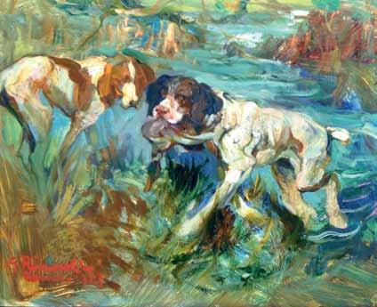 68 68 Rivaroli Giuseppe (Cremona, 1885 - Roma, 1943) Giorno di caccia: cani con la preda olio