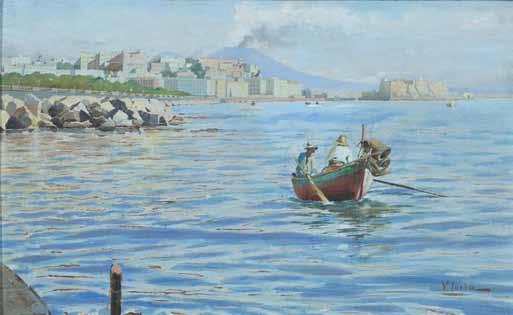 76 76 Loria Vincenzo (Salerno 1849 - La Spezia 1939) Marina di Napoli olio su tela rip su cartone, cm 23,3x37,5 firmato in
