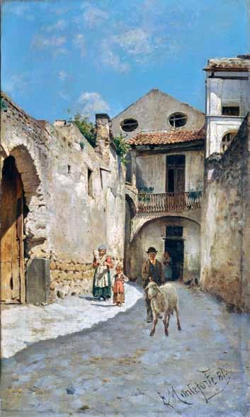 106 Monteforte Edoardo (Polla, SA 1849 - Napoli 1933) Cortile rustico olio su tela, cm 51,5x30 firmato e datato in basso a destra: E.