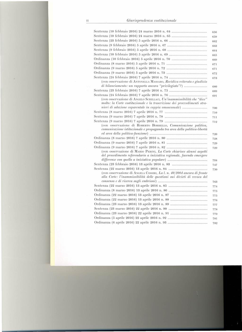 Il Giurisprudenza costituzionale Sentenza (lo febbraio 2016) 24 marzo 2016 n. 64 656 Sentenza (LO febbraio 2016) 24 marzo 2016 n. 65 659 Sentenza (23 febbraio 2016) 5 aprile 2016 n.