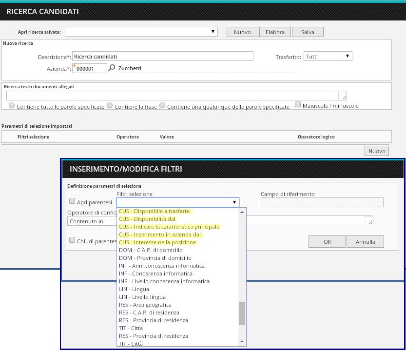 7 - Nuovi filtri in ricerca candidati All'interno della gestione candidati, da questa versione, risultano presenti dei nuovi filtri che permettono di ricercare solo i soggetti che hanno inserito una