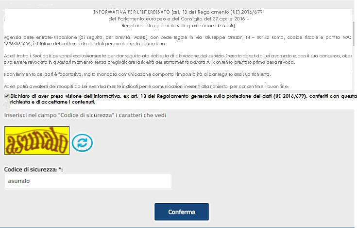 Prenota ticket - opzioni di prenotazione Conferma di aver preso visione dell informativa al trattamento dei