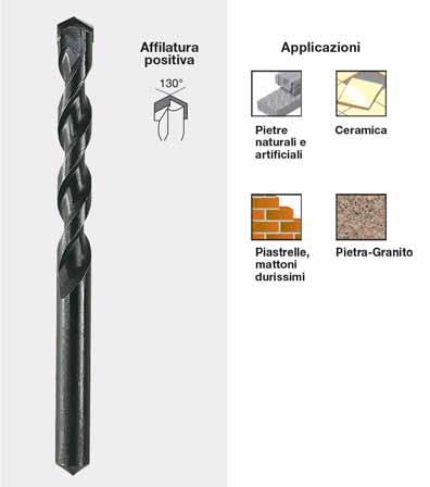 Punte per marmo Punte per forare materiali edili durissimi a sola rotazione. Forano senza sbavature marmo, pietre, granito, ceramiche e tutti i materiali edili durissimi.