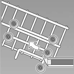 Detersivo Cesto superiore con leve laterali 1. Estraete il cesto superiore 1". 2. Per abbassare premere consecutivamente verso l'interno le due leve a sinistra e a destra sul lato esterno del cesto.