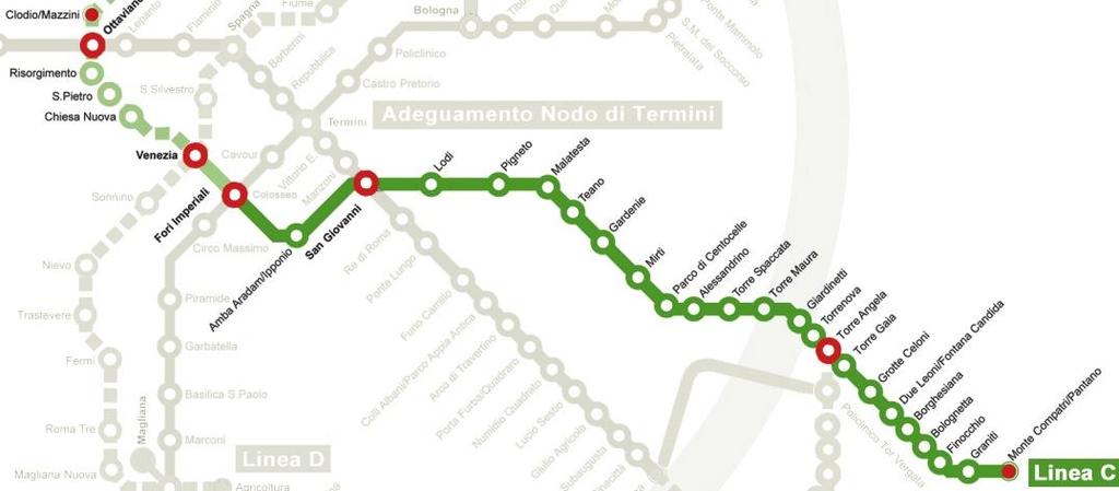 Lo sviluppo delle linee metro a Roma (A+B) 2017 A+B+ B1+C (da Lodi a Monte Compatri/Pantano) Linee metro (Km) 36,5 59,4 Stazioni (di cui nel centro storico) 49 (15) 74 (15) Incremento km +22,9