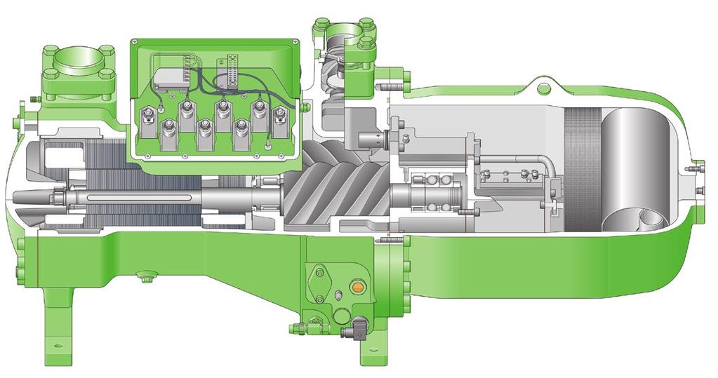 Compressori a viti Semi-Ermetico a Viti Il cuore dei refrigeratori STULZ Explorer sono i compressori semi-ermetici a viti, appositamente progettati per circuiti di raffreddamento condensati ad aria.