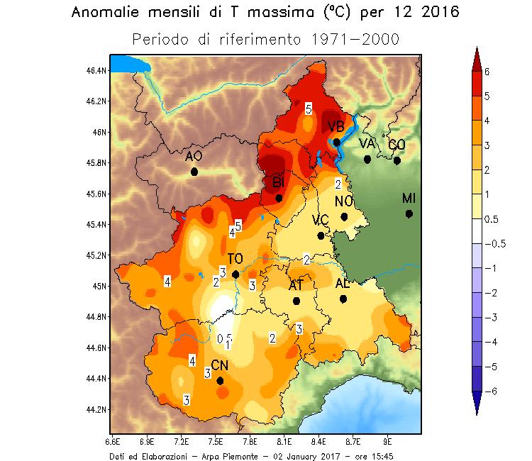 Figura 5 Anomalia mensile della massima nel mese di dicembre 2016 in Piemonte rispetto alla norma del periodo 1971-2000 Nei capoluoghi di provincia i valori di temperatura massima, media e minima