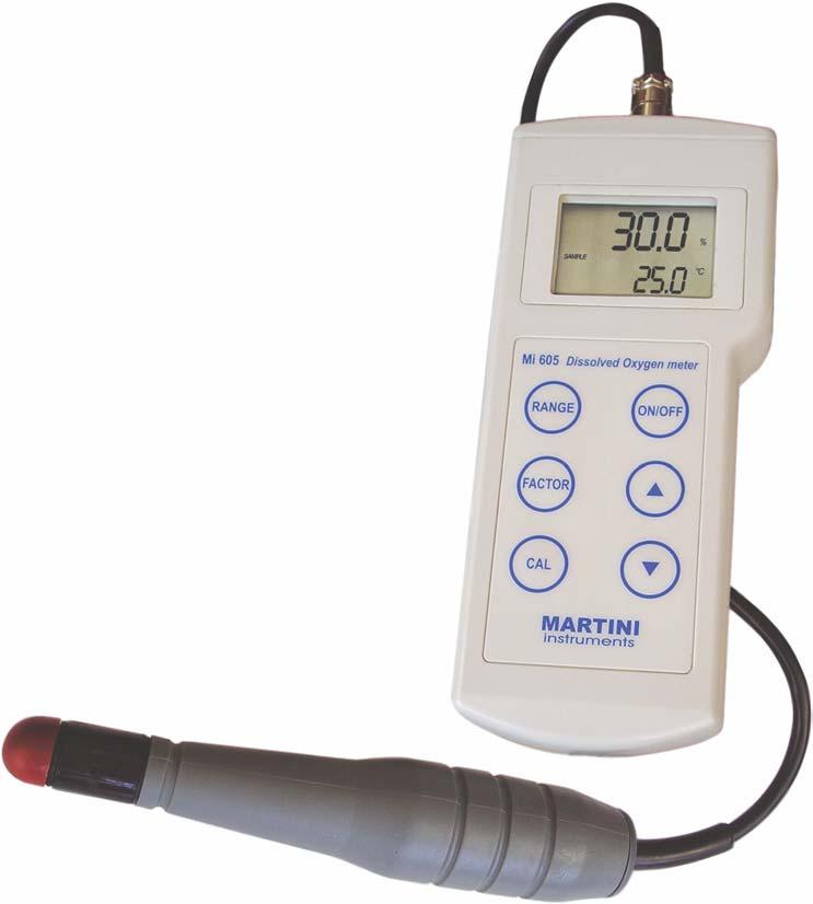 Mi605 Strumento portatile per misurazioni sul campo di Ossigeno Disciolto (D.O.) L'Mi605 è uno strumento portatile, dotato di microprocessore per la misurazione di ossigeno disciolto (D.O.), con calibrazione automatica e Compensazione Automatica della Temperatura (ATC).