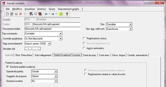 Creare apposita causale per il giroconto Split payment per stornare l IVA dal credito acceso verso il cliente La causale è di tipo Contabile, che chiude partita cliente Creazione eventuale Codici IVA