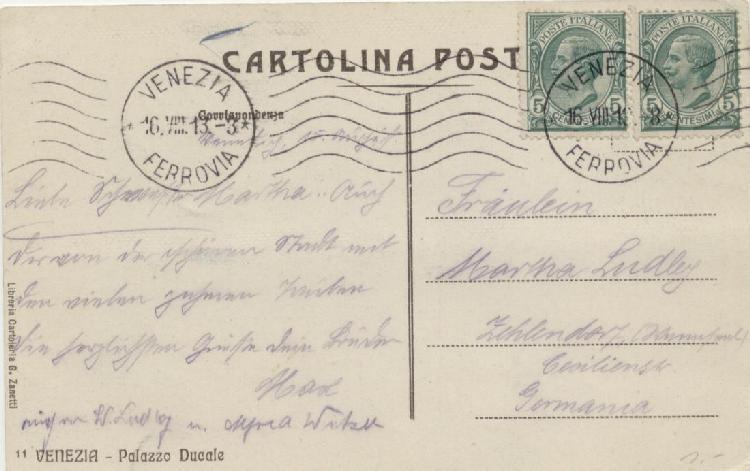 Cartolina illustrata spedita da Venezia Ferrovia il 16 Agosto 1913 e diretta a Zehlendorf in Germania, affrancata con coppia orizzontale del 5 centesimi