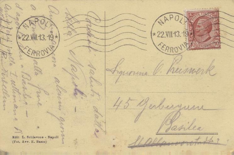 Cartolina illustrata spedita da Napoli Ferrovia il 22 Agosto 1913 e diretta a Basilea in Svizzera, affrancata con un valore da 10 centesimi Leoni isolato.