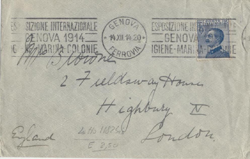 Lettera spedita da Genova Ferrovia il 14 dicembre 1914 e diretta a Highbury, in Inghilterra ed affrancata correttamente per 25 centesimi ( serie Michetti ).