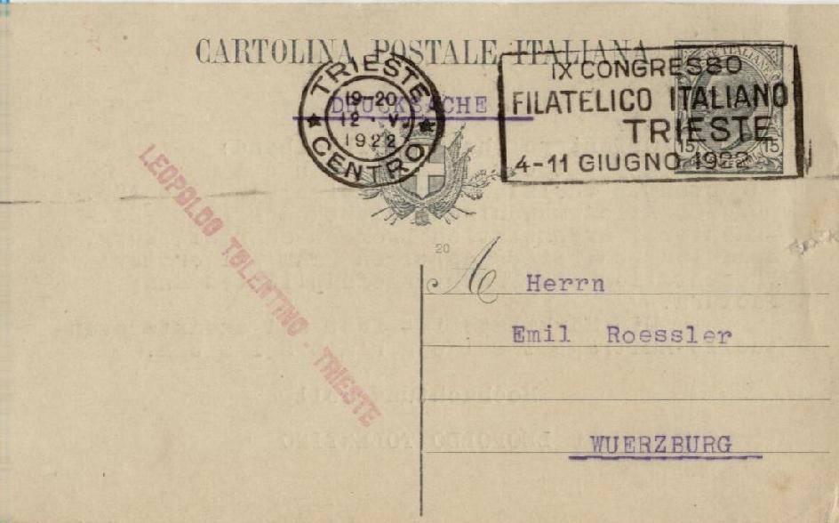 Intero postale da 15 centesimi spedito da Trieste Centro il 12 Maggio 1922 e diretto a Wuerzburg, senza affrancatura aggiunta.