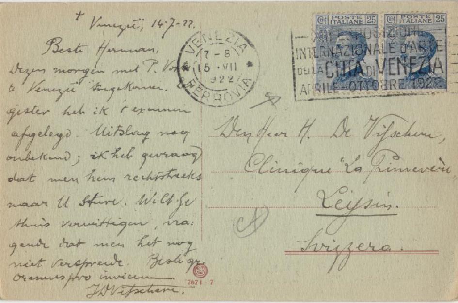 Cartolina commerciale spedita da Venezia Ferrovia il 15 Luglio 1922 e diretta a Lipsia, in Svizzera, affrancata con una coppia orizzontale