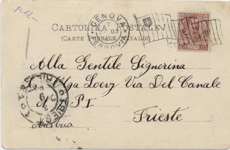 Cartolina postale spedita da Genova Ferrovia il 7 febbraio 1903 e diretta a Trieste ( che non era ancora italiana ), affrancata con 10 centesimi in quanto tariffa estera.
