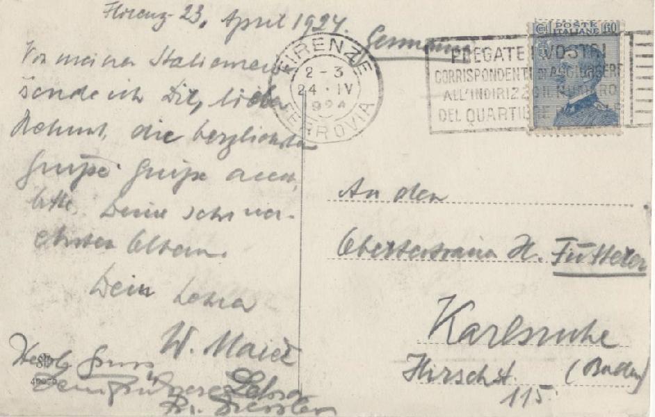 Cartolina illustrata spedita da Firenze Ferrovia il 24 Aprile del 1924 e diretta a Karlsruhe, in Germania, affrancata per 60 centesimi, col valore della serie Michetti emesso pochi mesi prima.