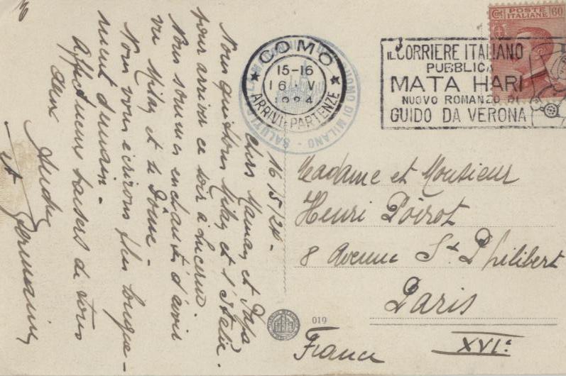 Cartolina illustrata spedita da Como ( Arrivi e Partenze ) il 16 Maggio del 1924 e diretta a Parigi, in Francia, affrancata per 60 centesimi, con il valore della serie Michetti.