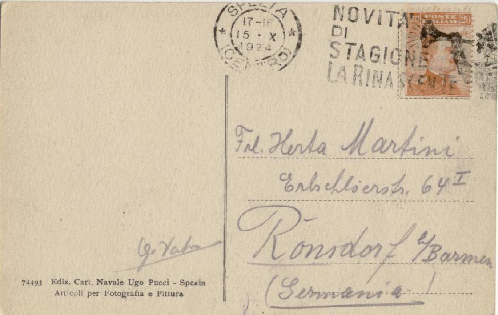 Cartolina illustrata spedita da La Spezia ( Centro ) il 15 Ottobre del 1924 e diretta a Ronsdorf, in Germania, affrancata per 20 centesimi, mediante il valore da 20 centesimi della serie Michetti (