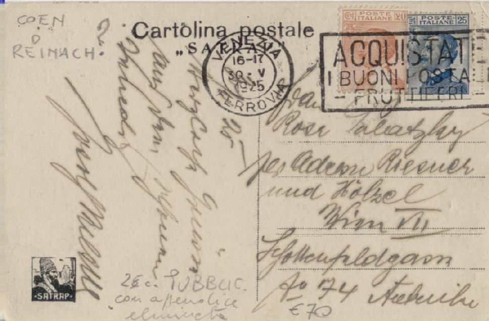 Cartolina illustrata spedita da Venezia Ferrovia il 30 maggio del 1925 e diretta a Vienna, in Austria, affrancata per 45 centesimi, mediante il valore da 25 centesimi della serie Michetti ( senz