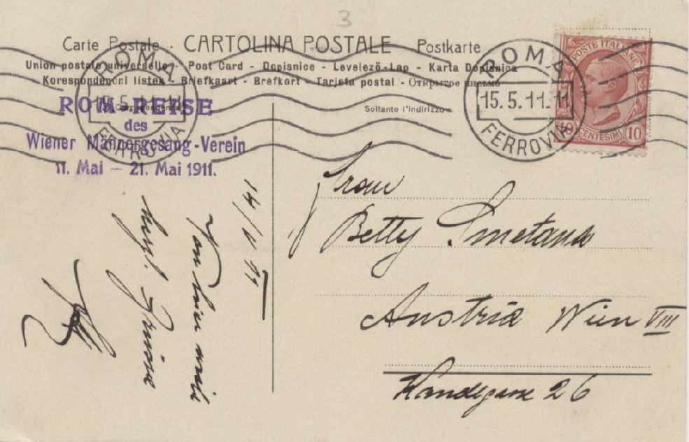 Cartolina illustrata spedita da Roma Ferrovia il 15 maggio 1911 e diretta a Vienna in Austria ed affrancata col 10 centesimi della serie Leoni.