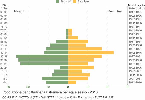 Età Stranieri Maschi Femmine Totale % 0-4 11 4 15 4,8% 5-9 13 10 23 7,4% 10-14 8 11 19 6,1% 15-19 7 7 14 4,5% 20-24 4 13 17 5,4% 25-29 24 10 34 10,9% 30-34 25 13 38 12,2% 35-39 26 17 43 13,8% 40-44