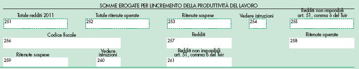 770-S 2012 - SOMME PER L INCREMENTO DELLA PRODUTTIVITÀ EROGATE DA ALTRO SOGGETTO /1 CONFERMA dell IMPOSTA SOSTITUTIVA c.256: se presente deve essere diverso dal codice fiscale del dichiarante c.