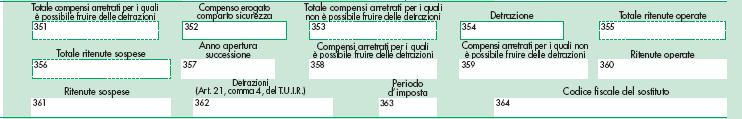 770/S ARRETRATI (art.17, c.1, lett. b) TUIR) eredi Operazioni straord.ie c.351:totale erogato, senza diritto alle detrazioni c.353:totale erogato con diritto alle detrazioni ( v. art.21, c.4 TUIR) c.