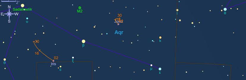 Gli altri asteroidi del mese saranno da osservare alla fine della notte, verso le ore 4: si tratta di (8) Flora, (3) Juno e (7) Iris.