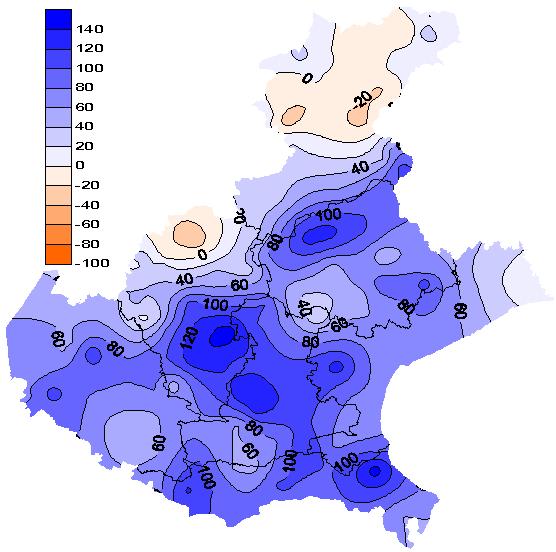 Precipitazioni del mese di Maggio 216 Precipitazioni del mese di Maggio (mm) Differenza in mm rispetto alla media del periodo 1994-215 Bilancio Idroclimatico* (P-ETP) mese di Maggio 216 Bilancio