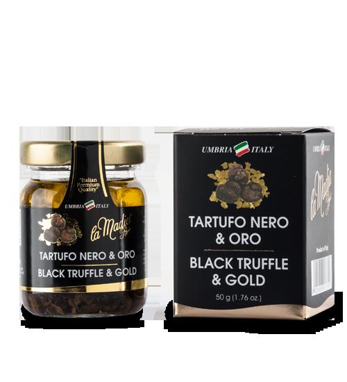 Tartufo nero & oro Descrizione: Sottili fette di tartufo nero (Tuber melanosporum Vitt.