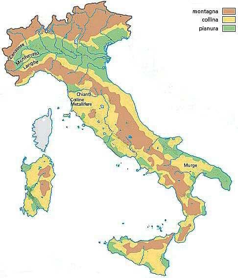 Le colline italiane più importanti sono: a nord: le Langhe, il Monferrato e il Canavese al