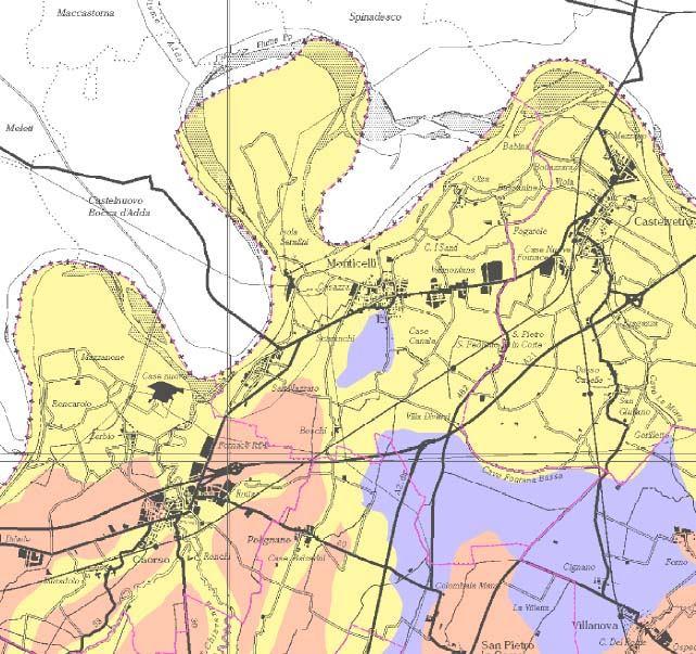 - Aree soggette a liquefazione; comprende i depositi prevalentemente sabbiosi e le aree caratterizzate da sabbie nei primi 20 m di profondità da p.c. con falda idrica nei primi 15 m da p.c. Figura 7: Stralcio della Carta della pericolosità sismica locale del nuovo PTCP di Piacenza.