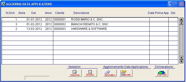 6 Aggiornamento Data Applicazione Ad esempio, con le impostazioni riportate nella figura sopra, verranno visualizzate tutte le dichiarazioni d intento esistenti in archivio con data di registrazione