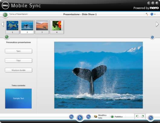 Schermata Presentazione Nella barra delle attività inferiore sono disponibili le seguenti opzioni di impostazione: Indietro/Traccia successiva Riproduci Modifica Consente di passare all'elemento