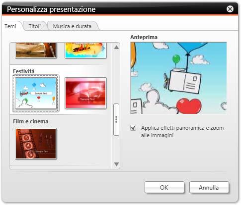 Nella scheda Titoli sono disponibili le seguenti aree di immissione: Finestra Personalizza presentazione Titolo di apertura Titolo di chiusura Visualizza il testo predefinito del titolo introduttivo